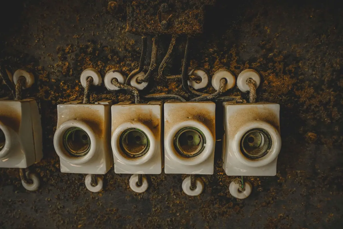 Portafusibles antiguos de porcelana con cables forrados de tela en un cuadro eléctrico oxidado, de los que conviene cambiar