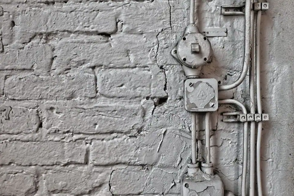 Instalación eléctrica antigua en superficie, con tubos, caja de empalmes e interruptor metálicos sobre una pared de ladrillo